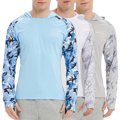 3 Piece Men'S Breathable Sunscreen Colorblocked Long Sleeve Hooded Rash Protective Clothing, Men'S Quick Dry Sweatshirt for Outdoor Fishing Hiking